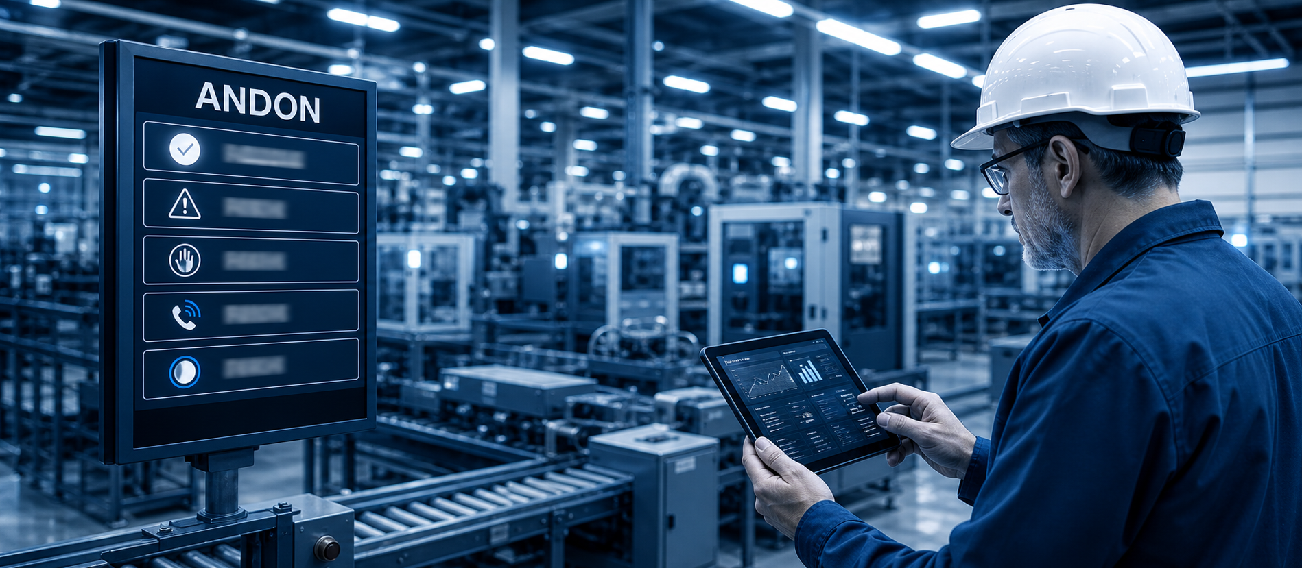 Operario industrial revisando indicadores en una tablet junto a un panel Andon